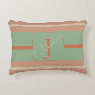 Custom Coral Sage Stripe Monogram Boho Pastel Chi Accent Pillow