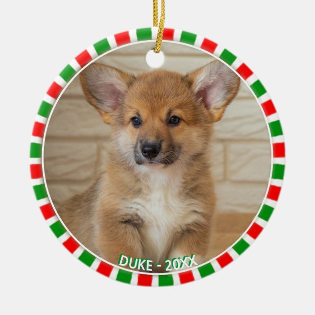 Custom corgi dog photo and green red frame ceramic ornament (Front)