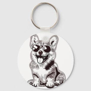Custom Corgi Puppy with Sunglasses   Sketch Art Keychain