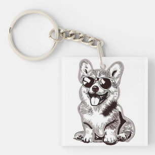 Custom Corgi Puppy with Sunglasses   Sketch Art Keychain