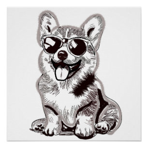 Custom Corgi Puppy with Sunglasses   Sketch Art Poster