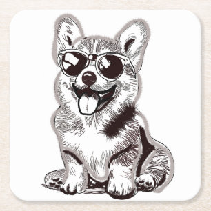 Custom Corgi Puppy with Sunglasses   Sketch Art Square Paper Coaster