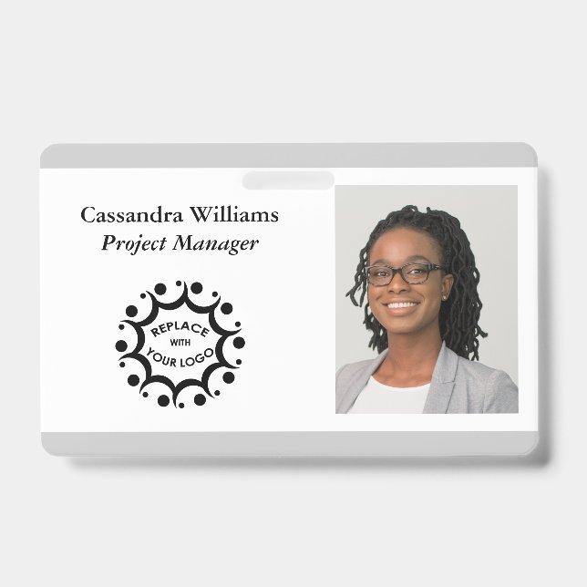 Custom Corporate Logo & Headshot, Light Grey Badge (Front)