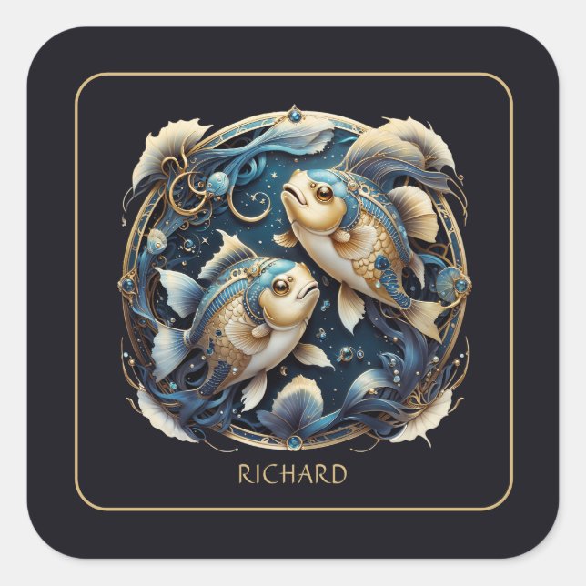Custom Cosmic Fish Zodiac Sign Black Gold Pisces Square Sticker (Front)
