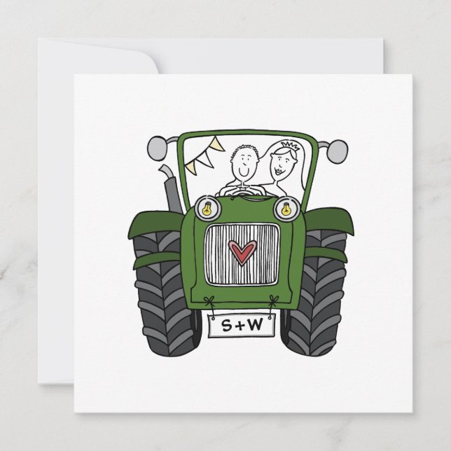 Custom Country Wedding Green Tractor Invitation (Front)