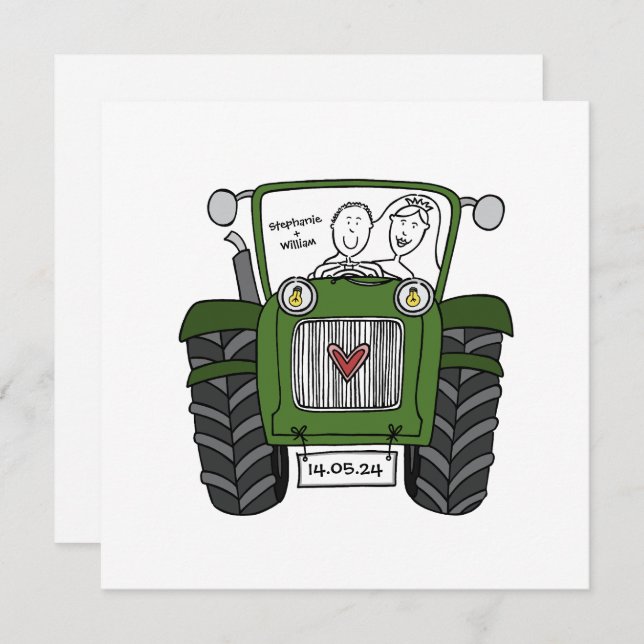 Custom Country Wedding Green Tractor Invitation (Front/Back)