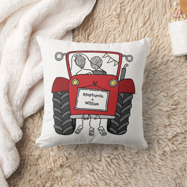 Custom Country Wedding Red Tractor Throw Pillow (Blanket)