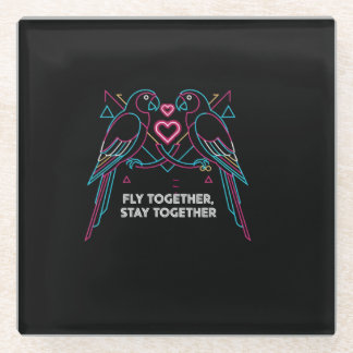 Custom Couple Anniversary Neon Parrots Winter Hood Glass Coaster