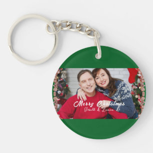 Custom Couple Christmas Photo Green Keychain