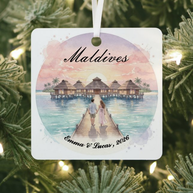 Custom Couple Maldives Honeymoon Keepsake Metal Ornament (Insitu)