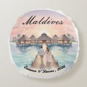 Custom Couple Maldives Honeymoon Keepsake Round Pillow