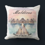 Custom Couple Maldives Honeymoon Keepsake Throw Pillow<br><div class="desc">Transform any living space into a serene island getaway with this Personalized Watercolor Maldives Tropical Throw Pillow. This elegant, double-sided decorative accent features a stunning, hand-painted style illustration of a romantic couple walking along a wooden pier toward luxury overwater bungalows. Whether you are commemorating a 2026 honeymoon, a milestone wedding...</div>