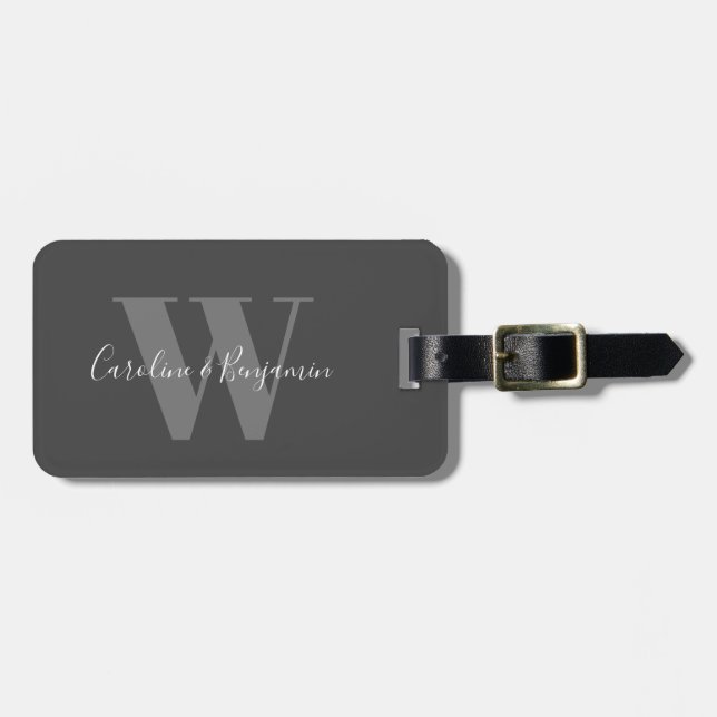 Custom Couple Name Calligraphy Monogrammed Black Luggage Tag (Front Horizontal)
