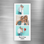 Custom Couple Photo Booth Strip Fridge Magnet<br><div class="desc">Custom fridge magnet designed as a photo booth strip and personalized with 3 photos of the couple. Great for an anniversary or Valentine's day. To change the background colour or the text,  please click on the button to edit it further.</div>