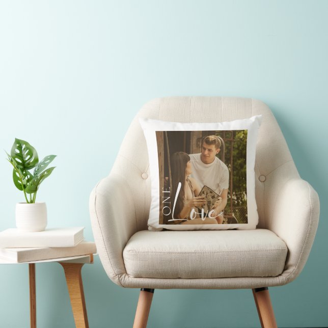 Custom Couple Photo Elegant One Love Text Throw Pillow (Chair)