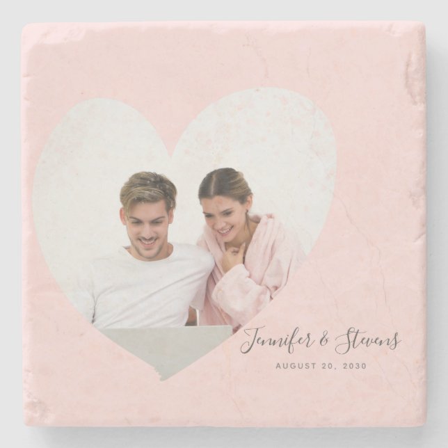 Custom Couple Photo Heart Blush Pink Stone Coaster (Front)