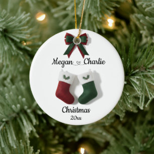 Custom Couple Red & Green Bow Christmas Ceramic Ornament