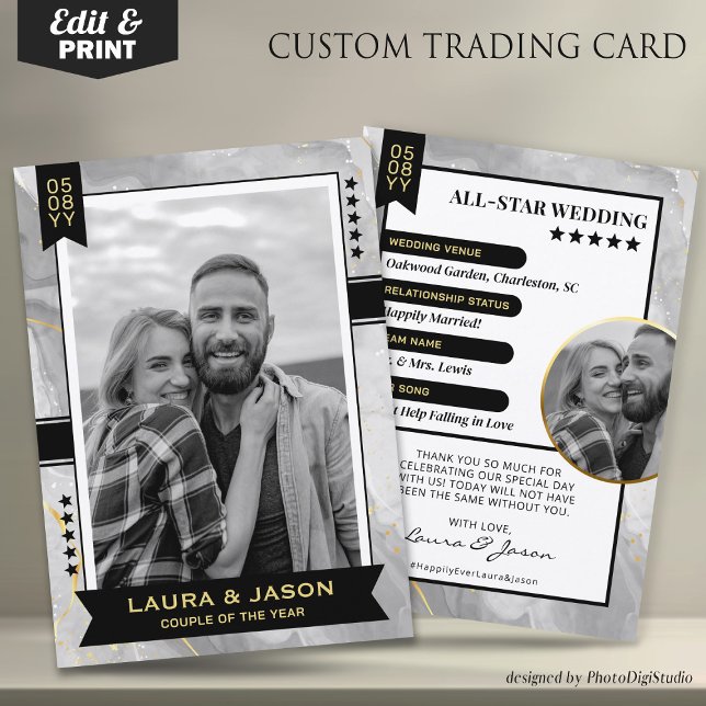 Custom Couple Trading Card, Grey Wedding Keepsake Calling Card (Wedding Trading Card Template, Custom Couple Trading Card, Wedding Thank You Card Black Gold & Black)