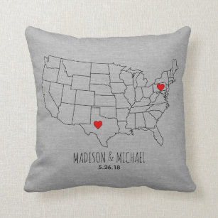 Custom couple USA state heart map names & date Throw Pillow