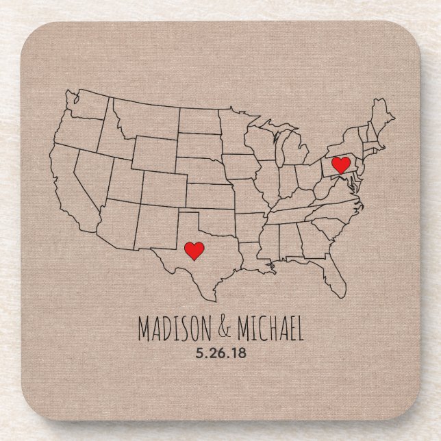 Custom couple USA state map names & date heart map Coaster (Front)