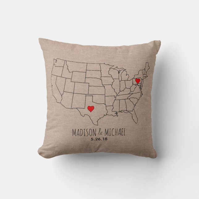 Custom couple USA state map names & date heart map Throw Pillow (Front)