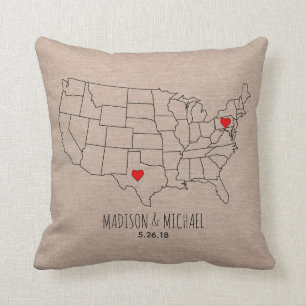 Custom couple USA state map names & date heart map Throw Pillow