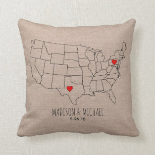 Custom couple USA state map names & date heart map Throw Pillow