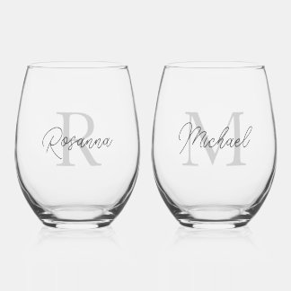 Custom Couples Monogram Name Anniversary Stemless Wine Glass