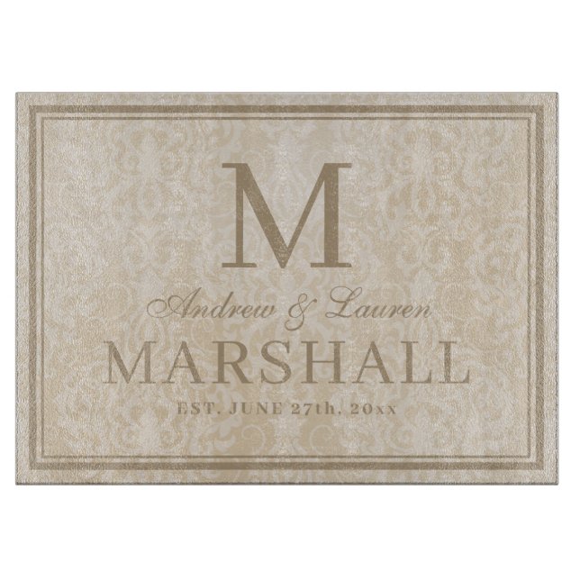 Custom Couples Name Tan Damask Wedding Gift Cutting Board (Front)