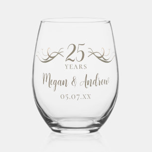Custom Couples Names 25th Anniversary Keepsake Stemless Wine Glass