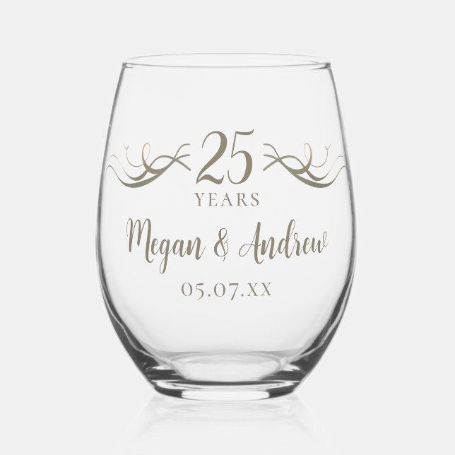 Custom Couples Names 25th Anniversary Keepsake Stemless Wine Glass (Front)