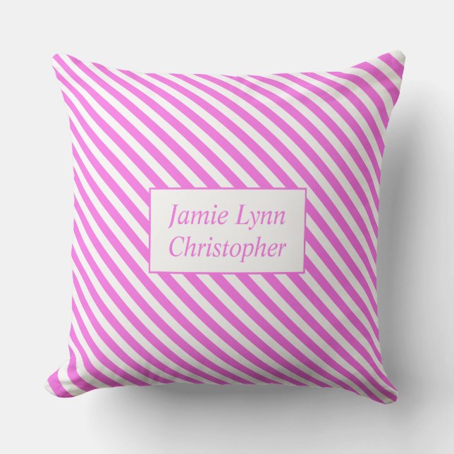 Custom Couples Names Pink/White Stripes Throw Pillow (Front)