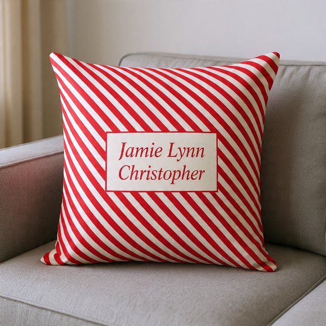 Custom Couples Names Red/White Stripes Throw Pillow (Creator Uploaded)