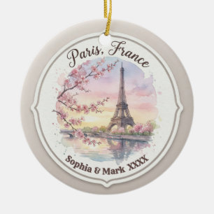 Custom Couple's Paris & Cherry Blossom Keepsake Ceramic Ornament