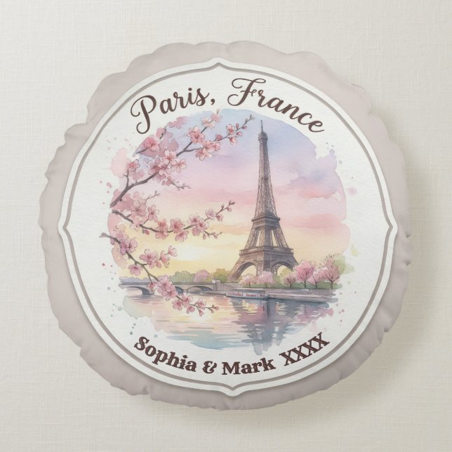 Custom Couple's Paris & Cherry Blossom Keepsake Round Pillow (Front)
