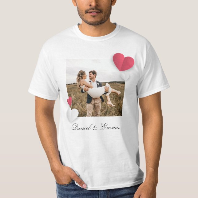 Custom Couples Photo Name Text Personalized  T-Shirt (Front)