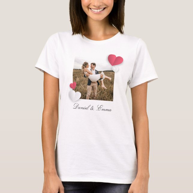 Custom Couples Photo Name Text Personalized T-Shirt (Front)