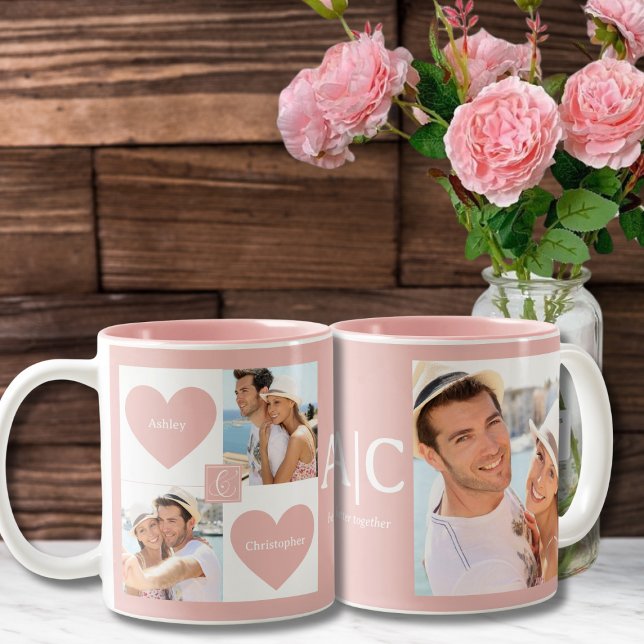 Custom Couples Photo Two-Tone Coffee Mug (Better together blush pink photo mug for couples romantic gift Valentines day wedding anniversary)