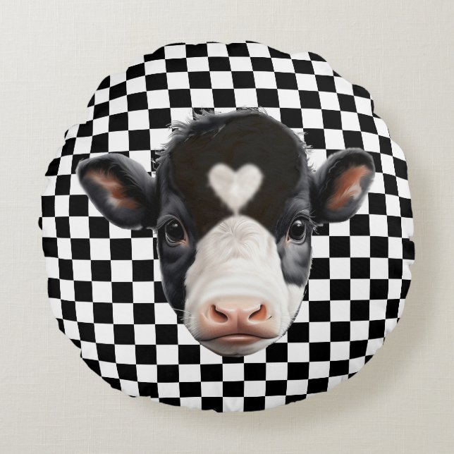 Custom Cow Face on Black & White Chess Pattern Round Pillow (Front)