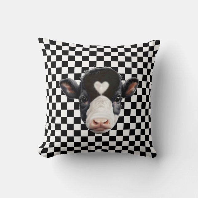 Custom Cow Face on Black & White Chess Pattern Throw Pillow (Front)