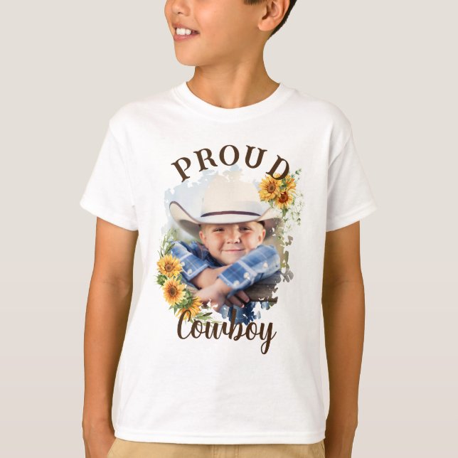 Custom Cowboy Photo Text Sunflower Accent T-Shirt (Front)