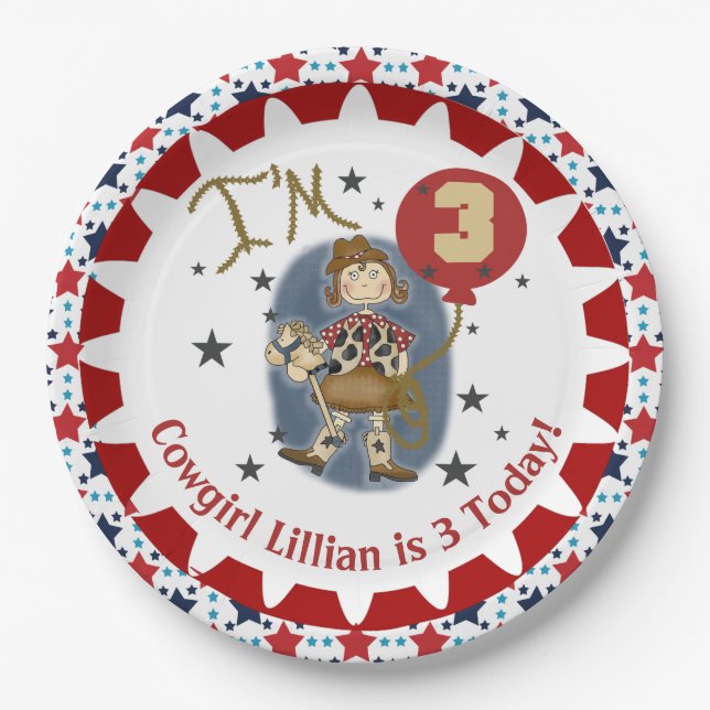Custom Cowgirl 3rd Happy Birthday Paper Plates (Front)
