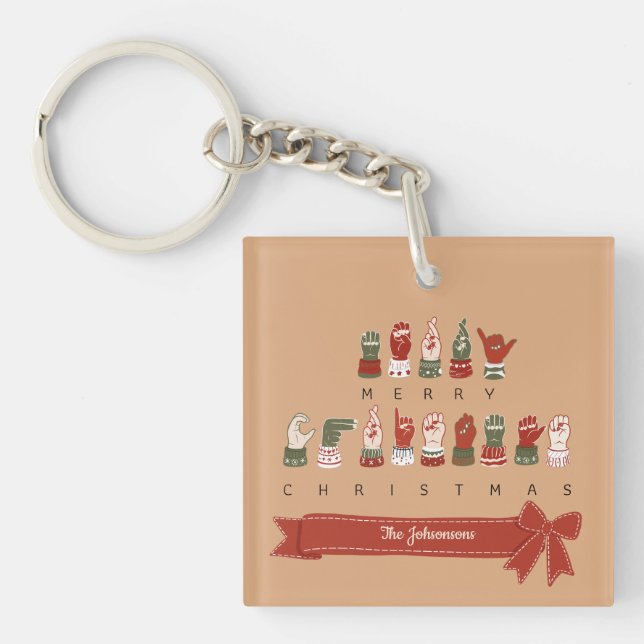 Custom Cozy ASL Merry Christmas Keychain (Front)