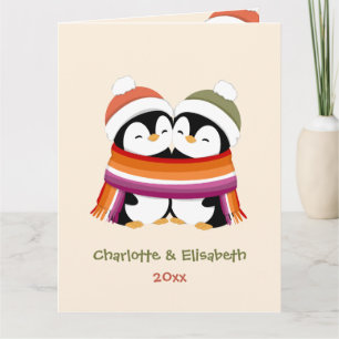 Custom Cozy Lesbian Penguins Christmas Card