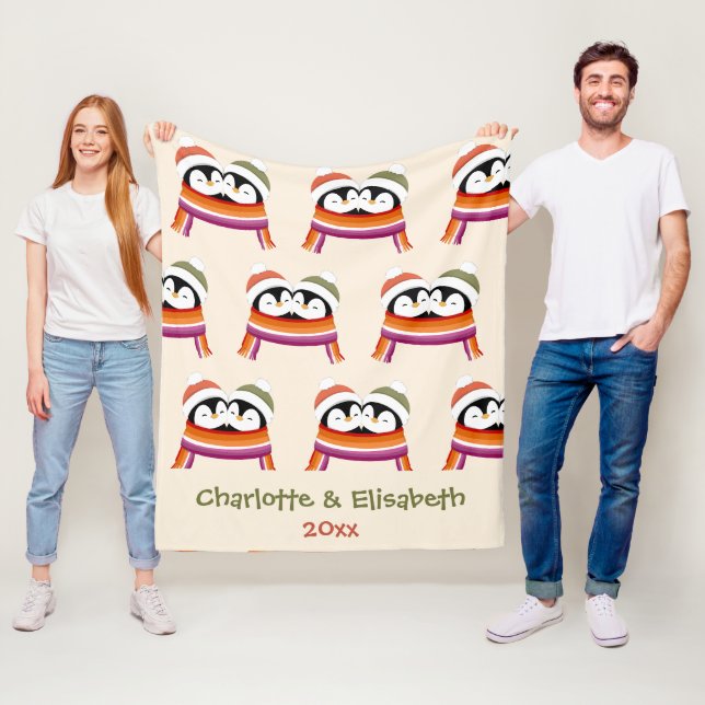 Custom Cozy Lesbian Penguins Christmas Fleece Blanket (In Situ)
