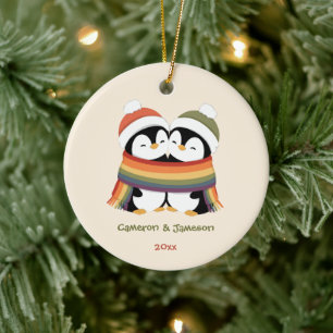 Custom Cozy Pride Penguins Christmas Ceramic Ornament