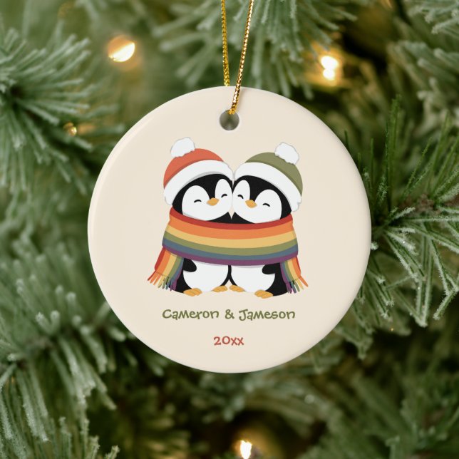Custom Cozy Pride Penguins Christmas Ceramic Ornament (Tree)