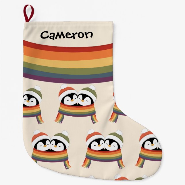 Custom Cozy Pride Penguins Christmas Large Christmas Stocking (Front)