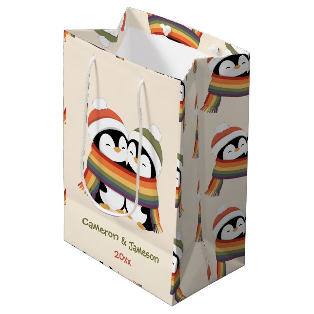 Custom Cozy Pride Penguins Christmas Medium Gift Bag (Front Angled)