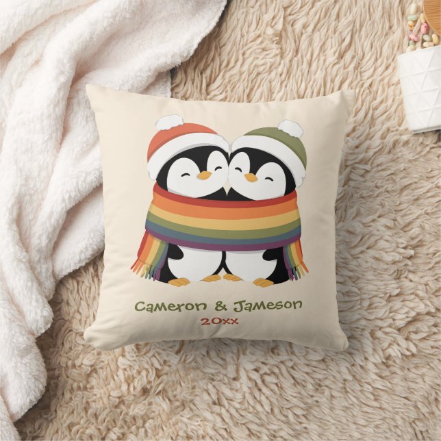 Custom Cozy Pride Penguins Christmas Throw Pillow (Blanket)